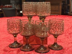 Vintage Libbey Set Of 8 Tawny Smoked Brown Scroll Wine Goblets MCM Barware 1970s
