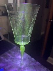 Morgantown Water Goblet Wine Blown Glass Cut Floral Stemware 7630 Uranium Glow