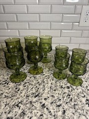 Indiana Glass King’s Crown Avocado Green Goblets Set of 9 Pressed Glass