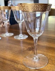 4 Tiffin-Franciscan Rambler Rose Crystal White Wine Glass Gold Rim-Free Shipping