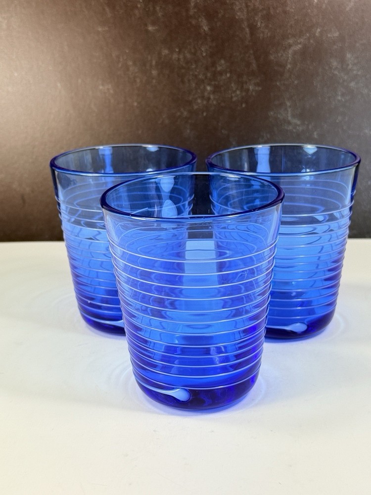 Set 3 Conga Flat Tumbler Villeroy Boch 8 Oz BLUE Embossed White Rings 4 1/8″ HTF