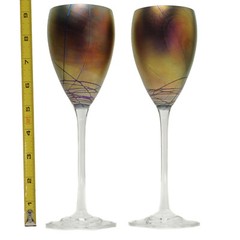 2 STEVEN MASLACH Wine Glasses Hand Crafted Art Glass Gold IRIDESCENT 6 oz