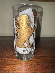Anchor Hocking Leo Zodiac Glass MCM Gold Gild Tom Collins Barware
