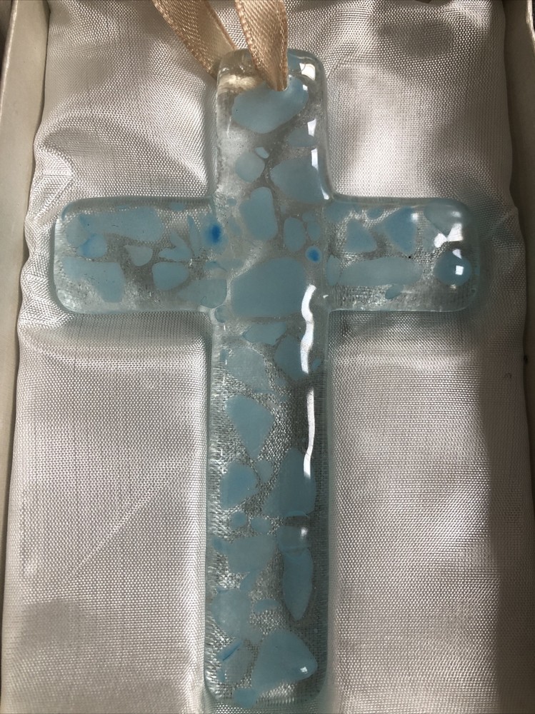 Vintage Studio Art Glass Fused Blue Cross Religion 3”W 4.5”W ‘Murano Art’