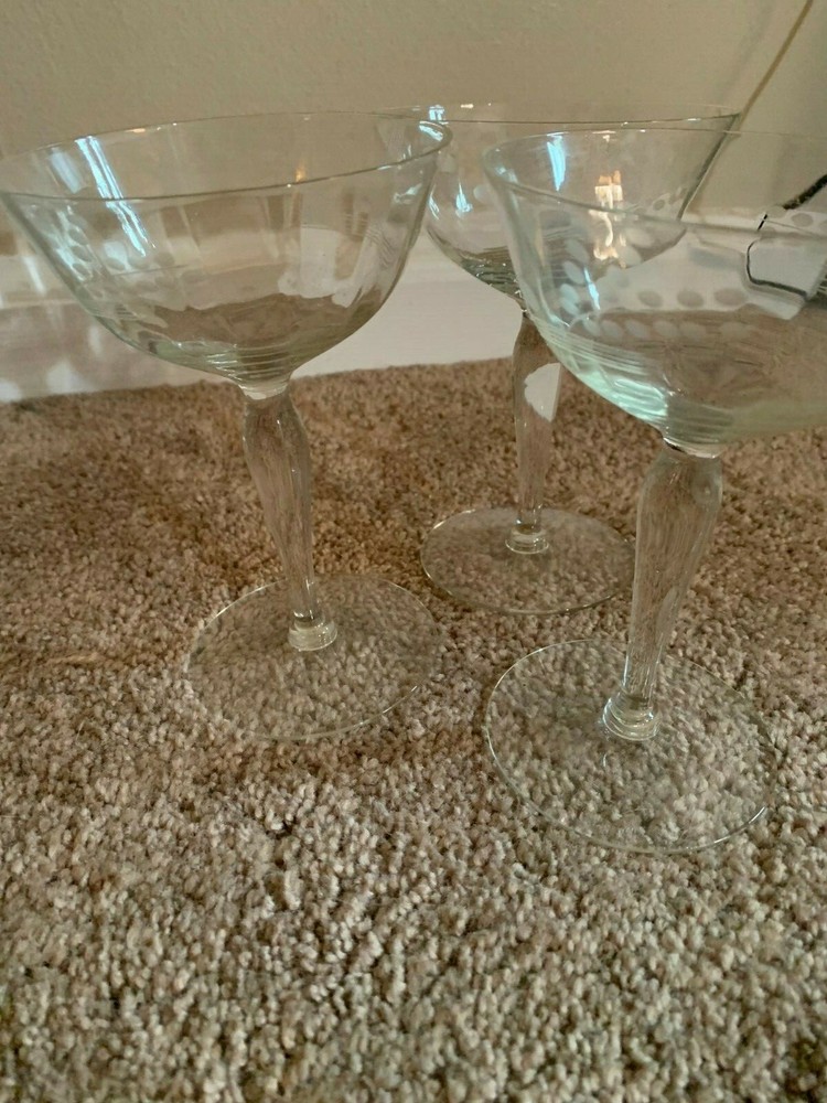 Cocktail Glasses With Etched Print (Good Condition)-Set of 3