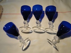 5 Morgantown Ritz Blue Golf Ball Old English Cordials, Exc. Cond. 4″ Tall