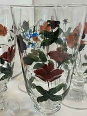 Vintage Oneida Crimson Bloom Hand Painted Hand Blown Floral Ice Tea Glass Set 4