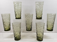 7) Libbey Aztec Olive Green 12 Oz Tumblers Lot Vintage Textured Crinkled MCM Lot