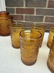 5 Vintage Tiara Amber Sandwich Glass Tumblers Indiana Pressed Water Glasses Set