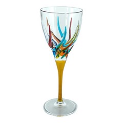 Pair of Murano Wine Glasses Hand Painted Multi Yellow Stem Venice Italy