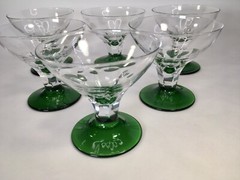 Six MCM Clear Tulip Etched Crystal Bowls W/Green Base Champagne Martini Glasses