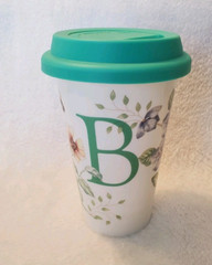 Lenox Butterfly Meadow Porcelain Travel Tumbler Mug Cup Silicon Lid B Letter
