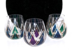 Mindy Sand Wine Glass Stemless Blue Green Purple Enamel Signed 2021 – SET 3