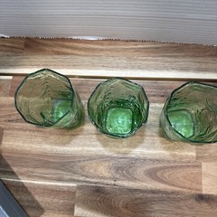 THREE Mid Century MORGANTOWN Green CRINKLE Tumblers 10 oz Glasses 4 1/8″ Tall