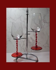 Set Of 2 Ribbon Stem/Red Swirl Wine Glasses