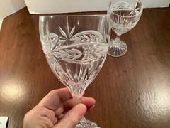 Lot of 2 Vintage Pressed Cut Glass Stemmed Wine Goblets Stars Florals 7″ & 6 1/2