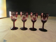 Set of 4 Antique Bohemian Cut To Clear Ruby Crystal Cordial Glasses
