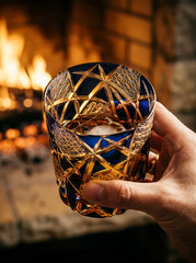 Edo Kiriko Hand-Cut Crystal Amber Blue 9oz Bourbon Old Fashioned Whiskey Glass