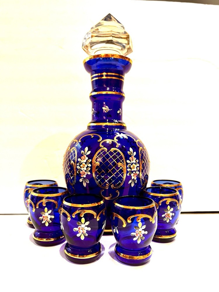Murano Tre Fuochi Beverage Set 24K Gold Trim Decanter 6 Cordial Glasses Cobalt