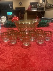 MCM Culver Valencia Large 22K Gold Rim Bowl & Set 10-3 3/8” Footed Glasses Ex Cn