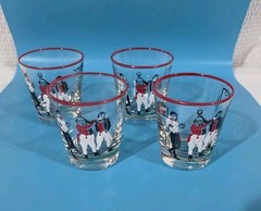 VTG Libbey Pickwick Dickens Lowball Glasses Set 4 Red Rim Retro Barware