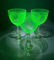 3 Antique French St.Louis Crystal Vaseline Uranium Etched Glass Cup Wine Goblets