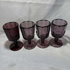 4 vintage amethyst purple glasses, panel grape pattern, by L.G. Wright Glass.