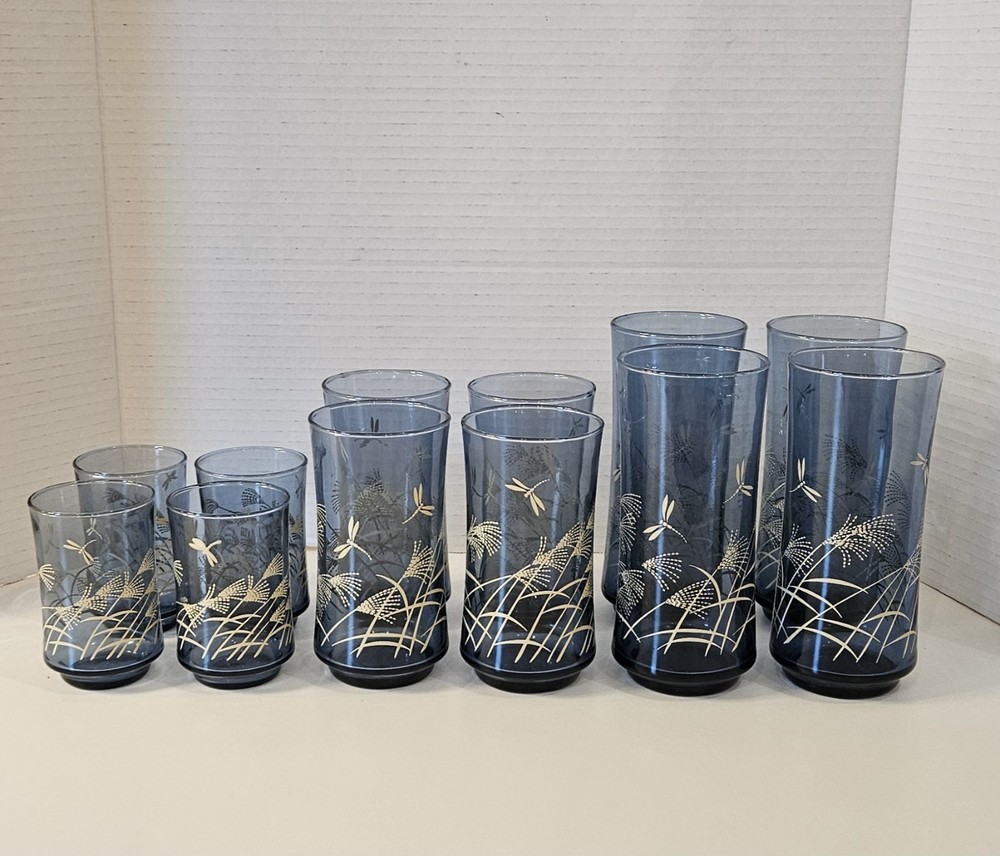 Vintage Libbey Bolero Dusky Blue Dragonfly & Wheat Glass Tumblers / Set of 12