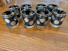 8 Vintage Libbey 22k Gold & Black Coin Barware Glasses Hollywood Regency