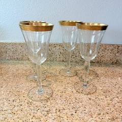 Tiffin-Franciscan Rambler Rose Clear Crystal Wine Glass Gold Rim Set of 4