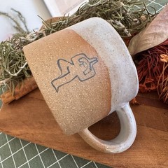 Handmade Ceramic Small Mug – Earthy Two-Tone Coffee Cup with Yoga Illustration