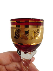 5 Bohemian Ruby Red Gold Gilded Crystal Cordial Wine Glasses