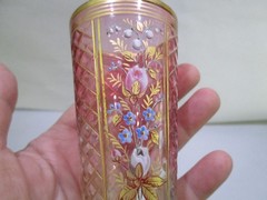 Lot of 2 Moser Bohemian Raised Gold Enamel Rose Berry Scrollwork Cranberry Glass
