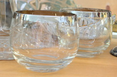Mid Century Modern Silver Rim Roly Poly Bourbon Whiskey Glasses Set of 4 Retro