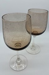 2 Beautiful Amber Tint Two Tone Blown Bubble Glass Jumbo Water Wine Stem Goblet