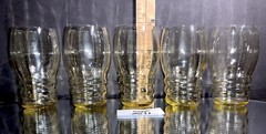 5 Yellow Glass Paneled Ringed Juice Barware Tumblers Vintage MCM