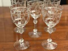 Set of 5 Fostoria Glass Castle Geometric Needle Etch #87 Water Goblets 7.5”