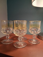 Indiana Glass Kings Crown Thumbprint Amber Flashed Rim Goblets 5 3/4”- Set of 4