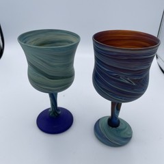 Pair Handblown Phoenician Goblets Hebron Style Art Glass Swirl Handmade Israel