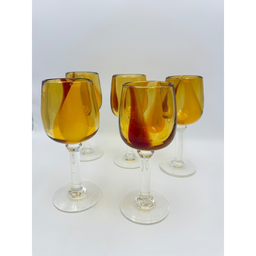 Vintage Pier 1 Imports Set of Five 8″ Amber Handblown Swirl Wine Glasses