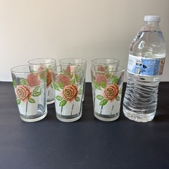 Set of 6 Vintage Pink Rose Floral 4” Juice Drinking Glasses Tumblers Retro