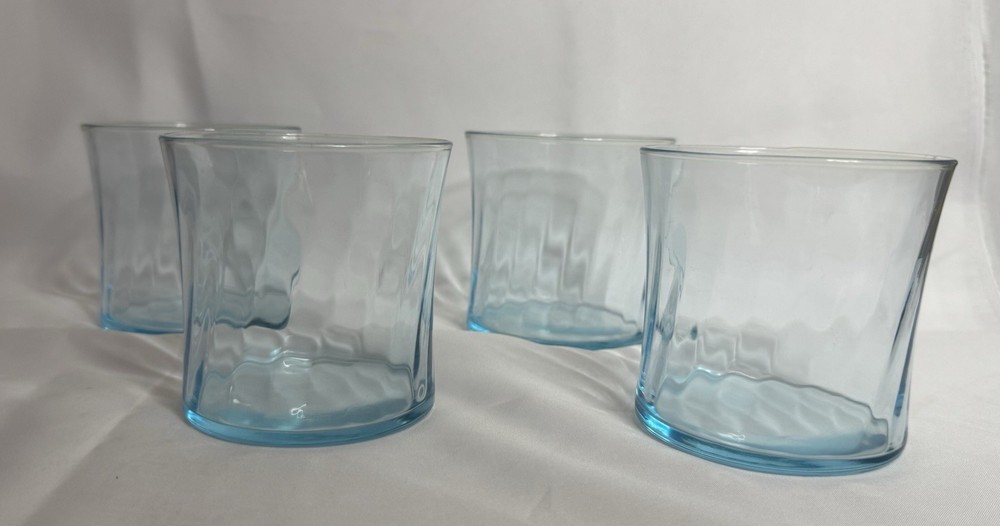 Vintage Aqua Blue Wavy/Swirl Lowball Drinking Glasses Set Of 4