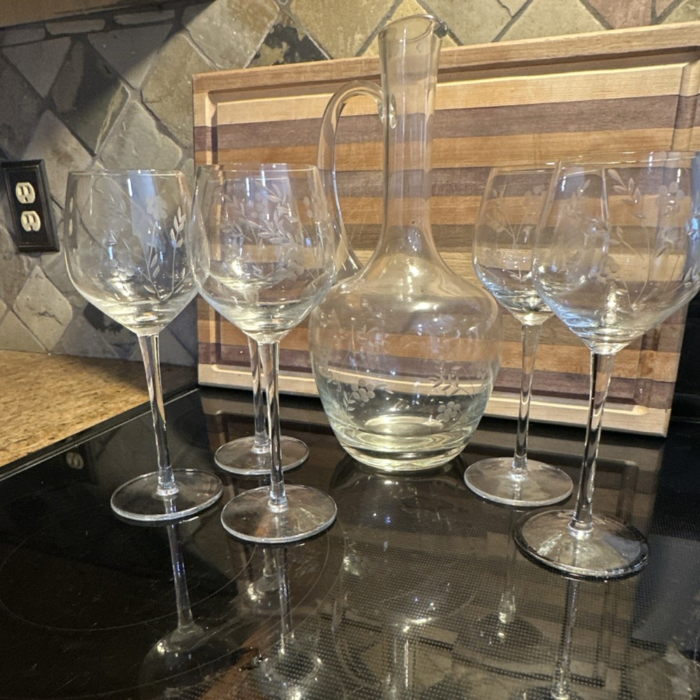 Etched Clear Glass Wine Glasses & Decanter Six-Piece Set