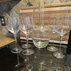 Etched Clear Glass Wine Glasses & Decanter Six-Piece Set