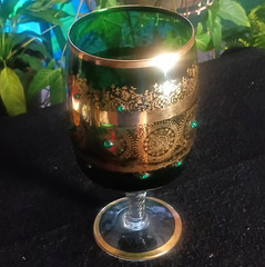 Green & Gold Glass Goblet, Decorated Gilt Trim Floral Band Applied Dots