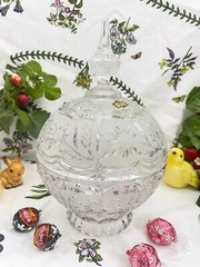 VINTAGE ZAJECAR 11″ TALL FOOTED COMPOTE CANDY DISH 24% LEAD CRYSTAL FLORAL CUT
