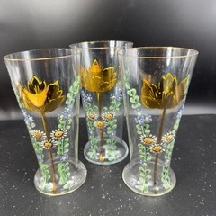Antique Enamel Painted Floral Glass Tumblers Cups Tulip Daisy Gold Rim Set 3 VTG