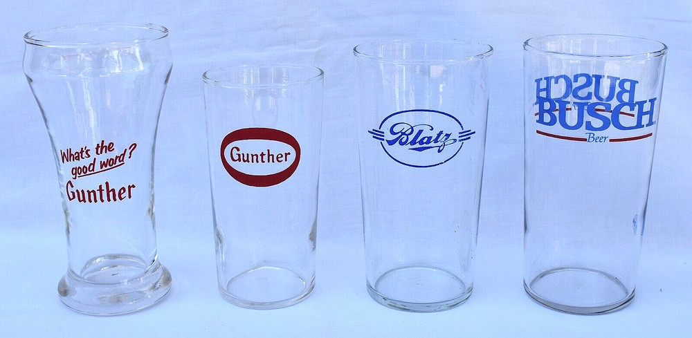 Set of 4 – Variety of BEER BAR GLASSES & SHAM – BLATZ, BUSCH, GUNTHER
