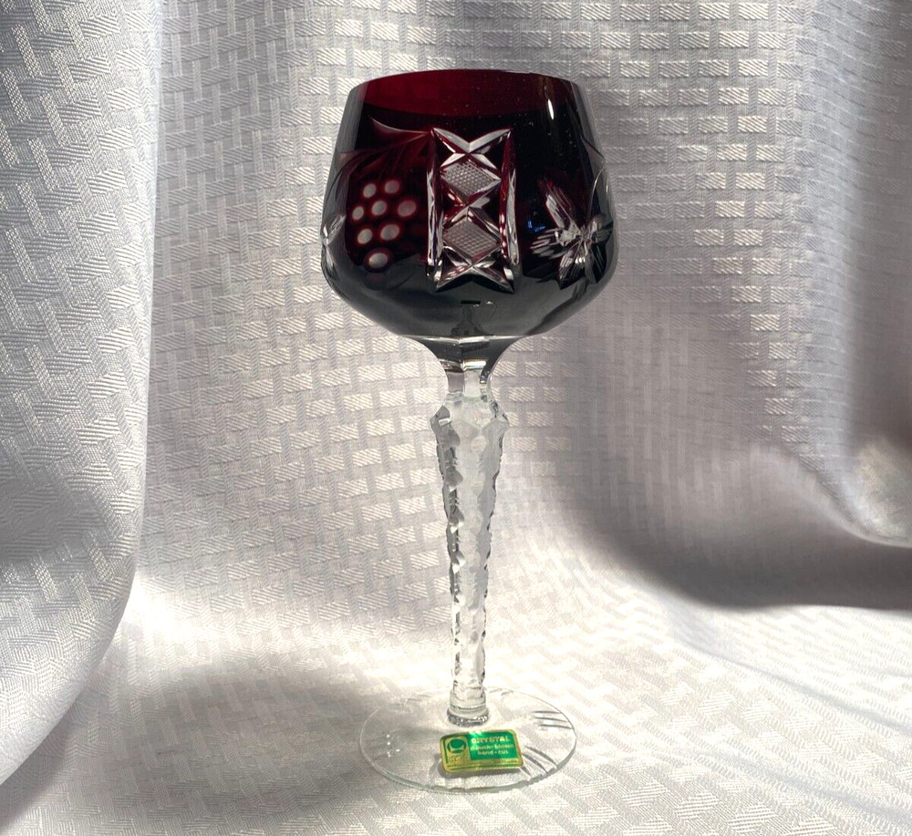 LAUSITZER WINE GLASS DARK GARNET RED CUT TO CLEAR CRYSTAL BOHEMIAN EAST GERMAN