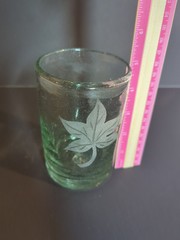 Handmade Thick Green Drinking Glass Etched Leaf Vtg